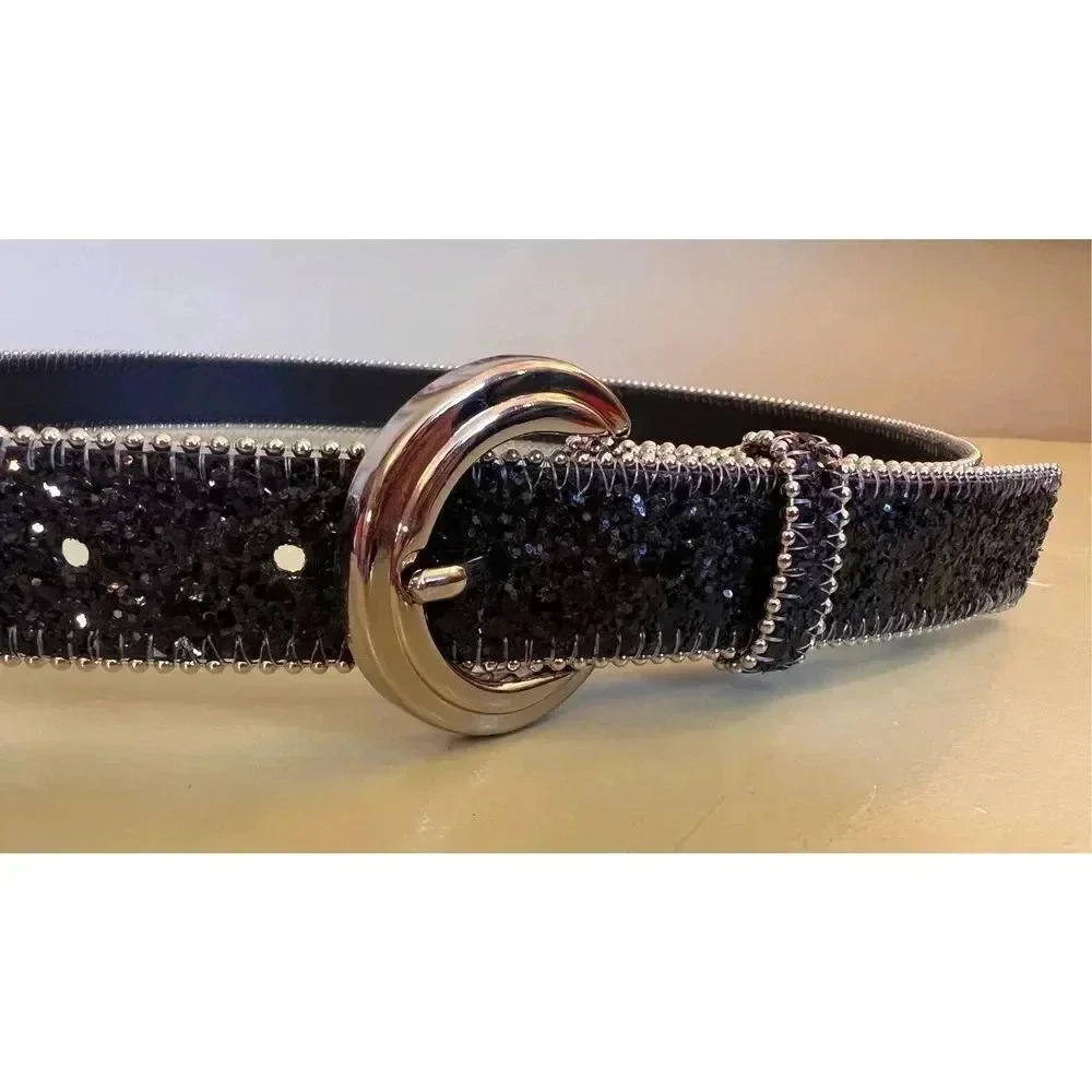 Vintage 80s‎ Black Pearl Rhinestones Studded Silver Hardware Belt Women’s 40”